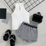 Baby Little Girl S Sleeveless Ribbed Outfit Set - Solid Color Stand-up Collar Belted Shorts - Babbez