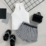 Baby Little Girl S Sleeveless Ribbed Outfit Set - Solid Color Stand-up Collar Belted Shorts - Babbez