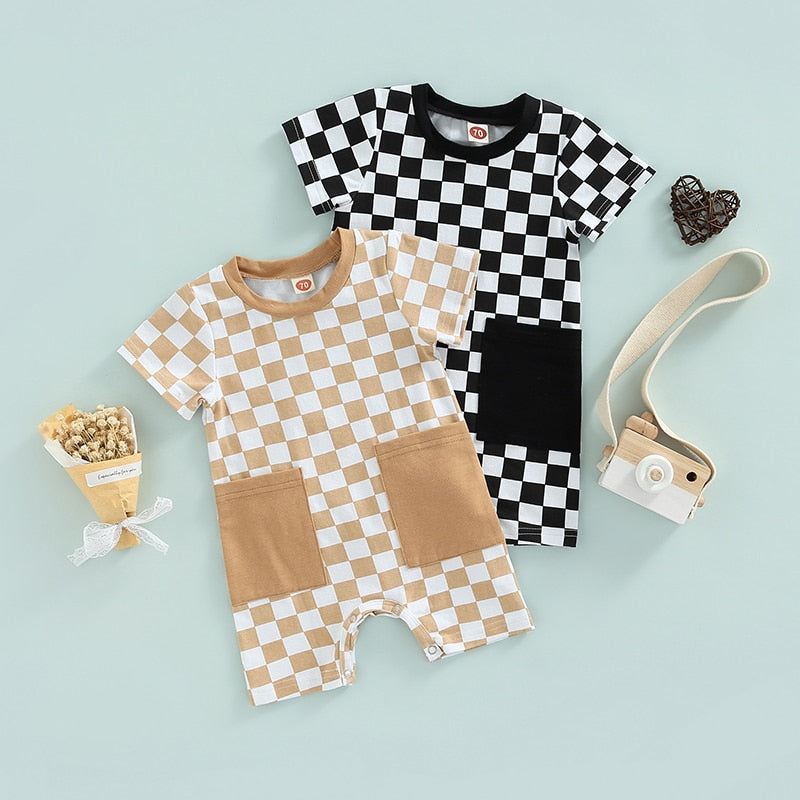 Stylish Black and White Plaid Baby Romper with Pockets