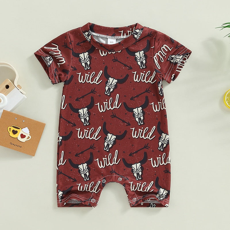 Adorable Summer Rompers for Baby Boys and Girls - Cattle Letter Print, Ribbed Short Sleeves, Crew Neck