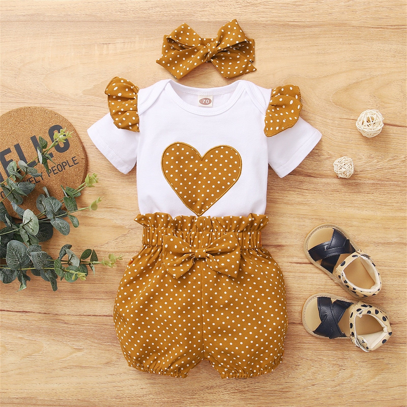 Stylish 3PCS Sets for Newborn Baby Girls - Short Ruffled Sleeve Patchwork Romper Tops Polka Dot Shorts Outfits With Headbands for Summer