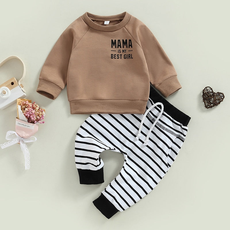 Boys Outfits Newborn Toddler Clothes Set Letter Print Long Sleeve Sweatshirt Tops and Elastic Casual Striped Pants Tracksuit - Babbez