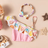 Toddler Girls Donut Print One Shoulder Bikini Swimsuit Set
