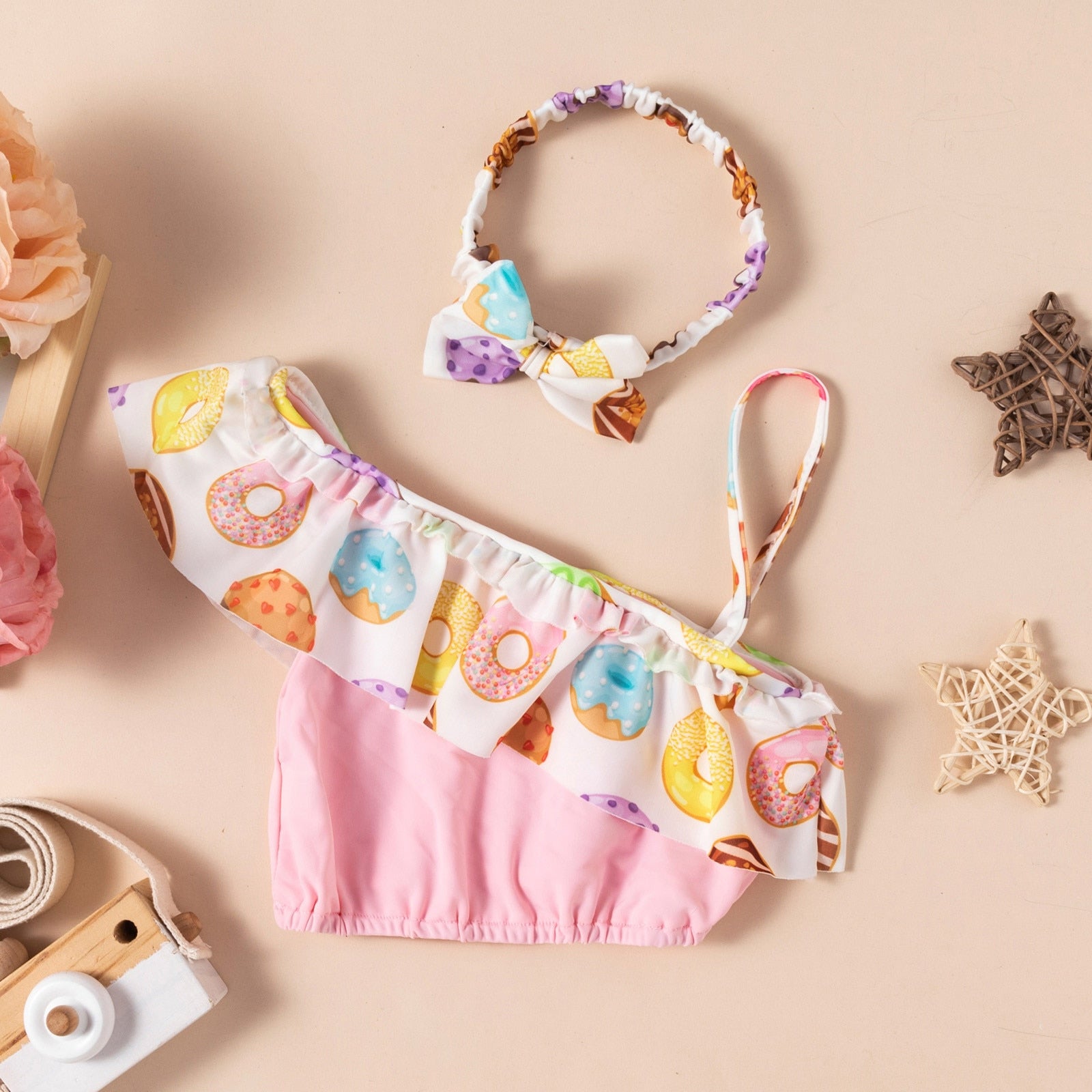 Toddler Girls Donut Print One Shoulder Bikini Swimsuit Set