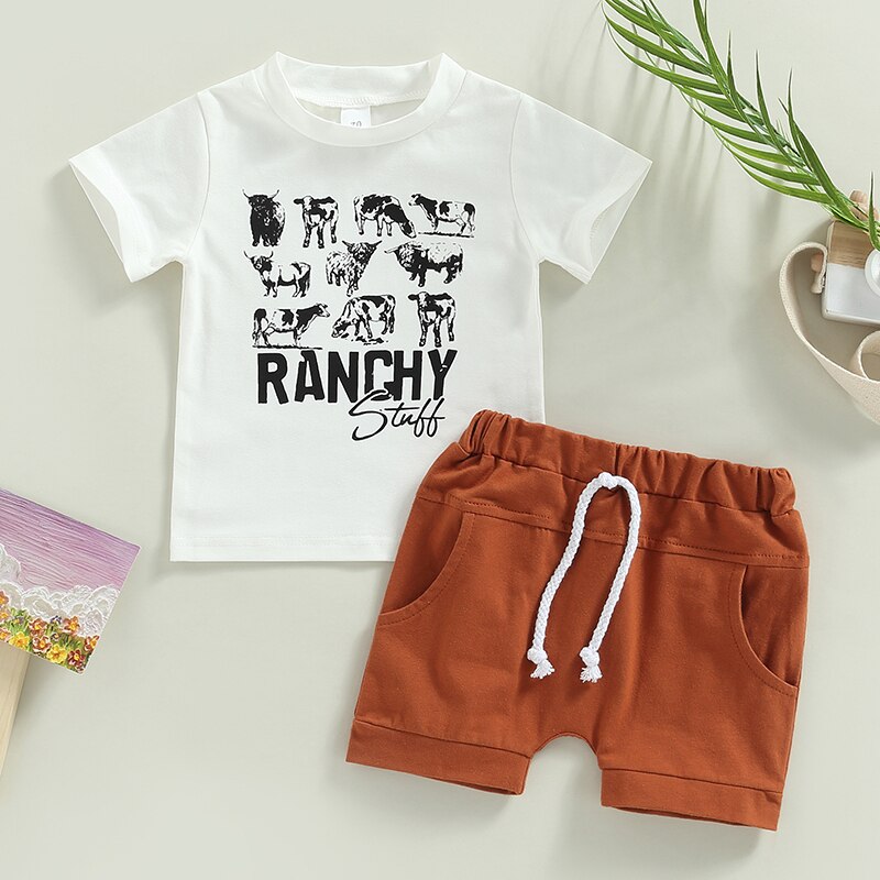 Summer Baby Clothes Sets Cow Letter Print T-shirt and Drawstring Shorts Outfit for Boys