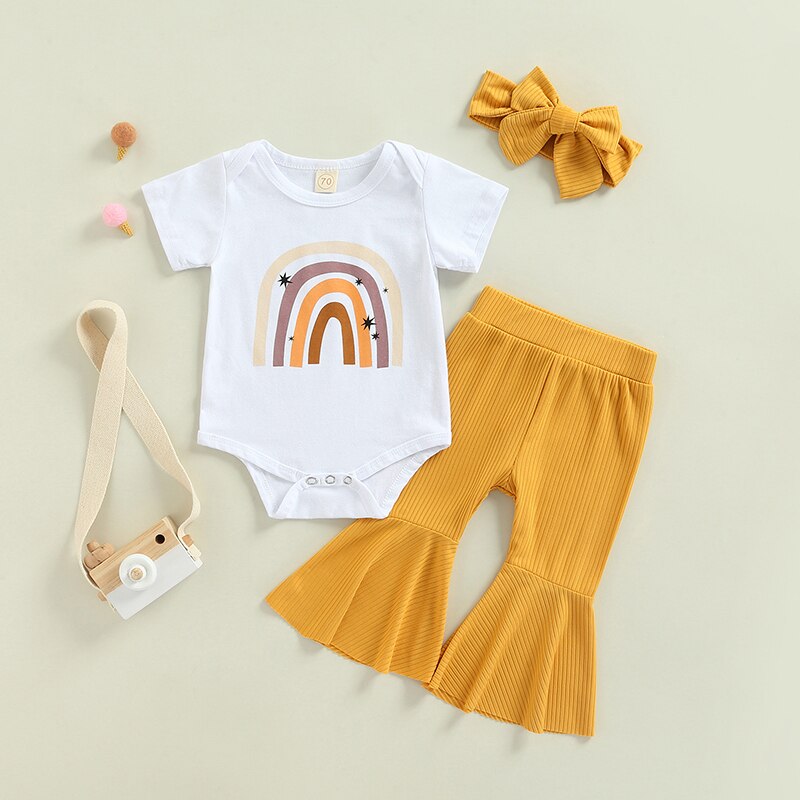 3pcs Fashion Summer Newborn Baby Girls Boys Clothes Sets Rainbow Print Short Sleeve Rompers Tops+Ribbed Knitted Flare Long Pants