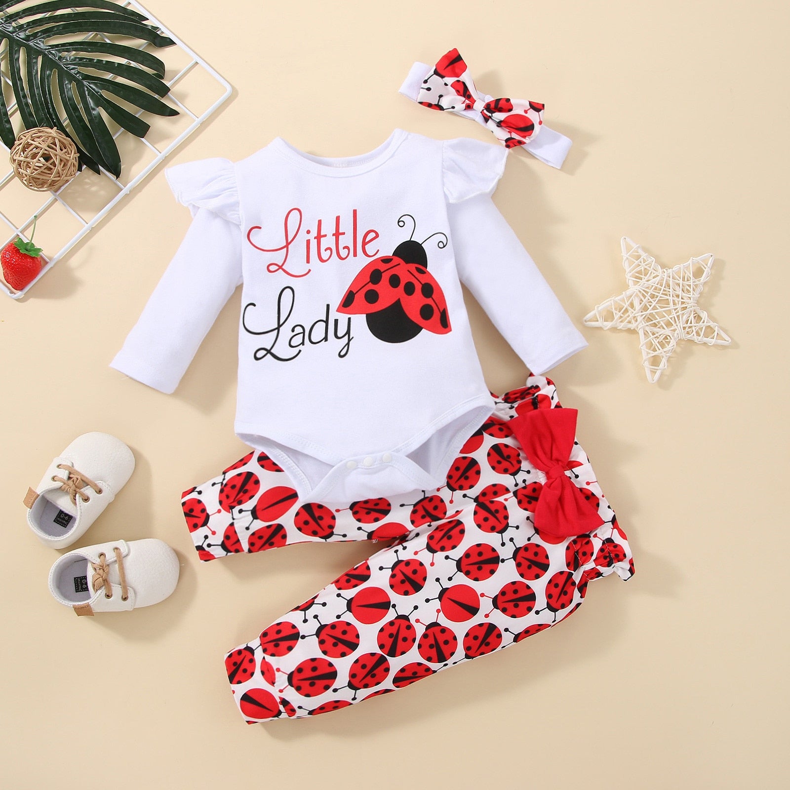 Adorable 3pcs Ruffle Baby Girl Clothes Set for Spring: Long Sleeve Tops Romper, Pants, and Headbands