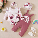 Sweet and Colorful Baby Girls Set with Flying Sleeve Floral Bodysuit and Rainbow Overalls