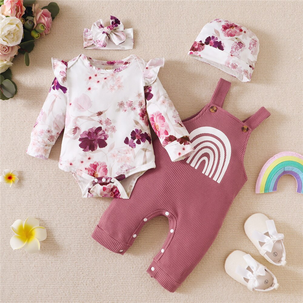 Sweet and Colorful Baby Girls Set with Flying Sleeve Floral Bodysuit and Rainbow Overalls