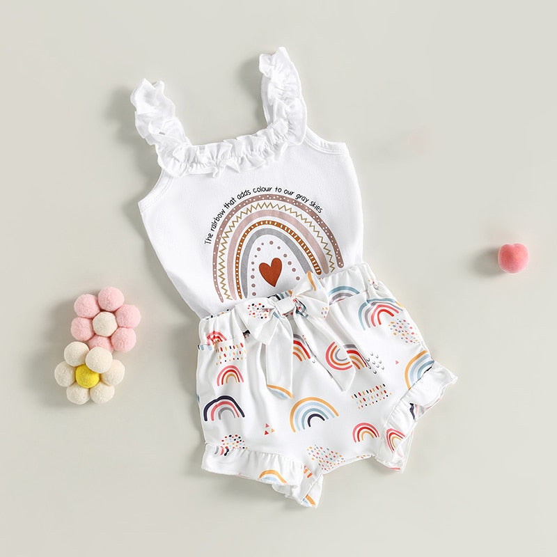 Fashionable Newborn Baby Girls Summer Clothes Sets with Rainbow Letter Print Bodysuits and Bowknot Shorts