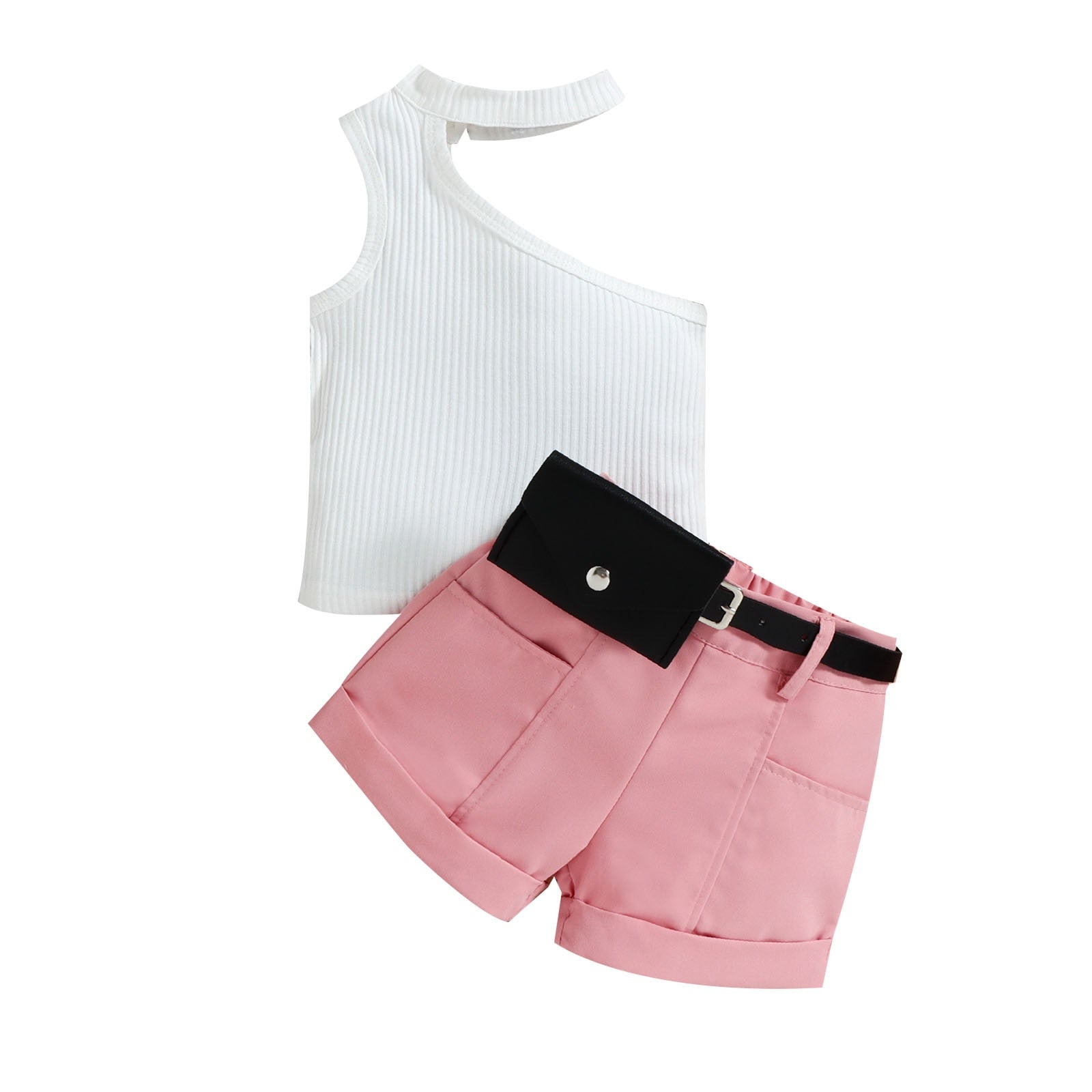 Baby Stylish 0-4Y Little Girl Three-piece Outfits Sets with One Shoulder Tops and Belts - Babbez