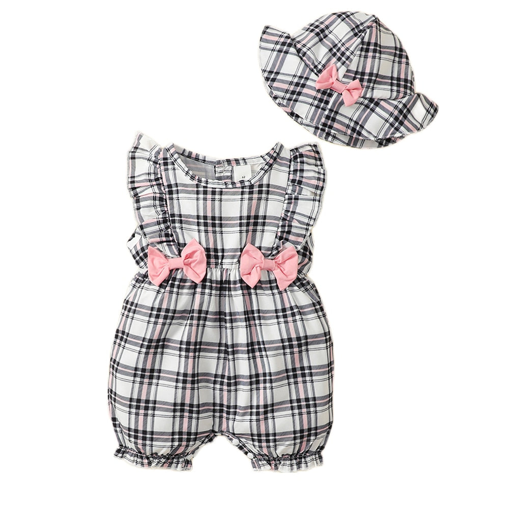 Adorable Plaid Baby Girls Rompers With Hat for Summer
