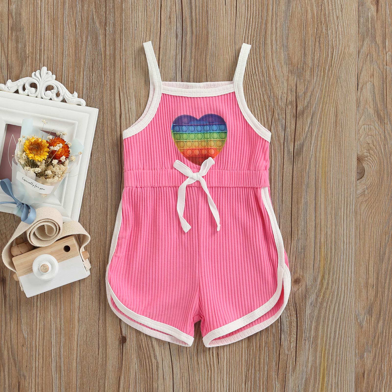 Adorable Summer Jumpsuits for Kids Girls: Heart Print Strap Playsuits