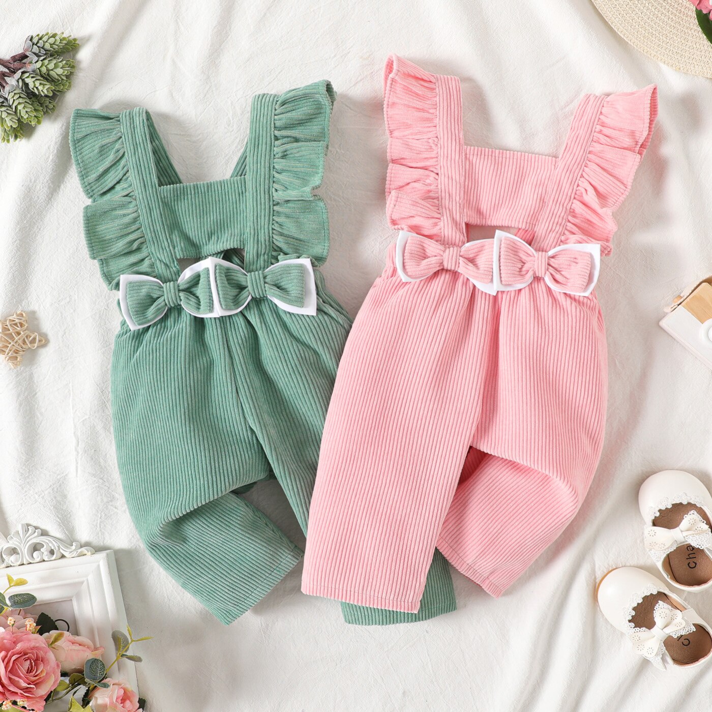 Charming Corduroy Overalls for Newborn Baby Girls with Bow Front and Ruffle Trim