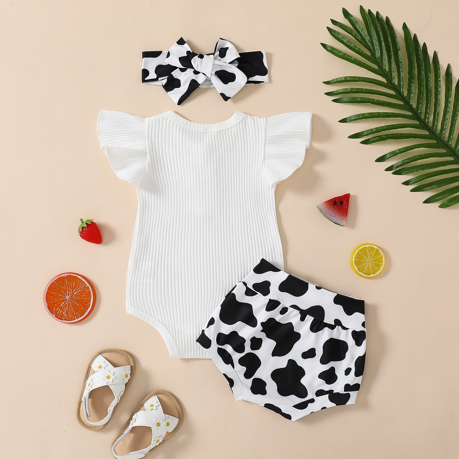 Adorable Summer Baby Girls Clothing Sets with Ribbed Knitted Ruffles Button Bodysuits and Cow Print Shorts