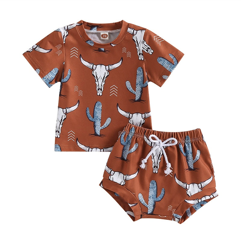 Vintage Summer Clothes Sets for Infant and Toddler Boys with Cattle and Cactus Print