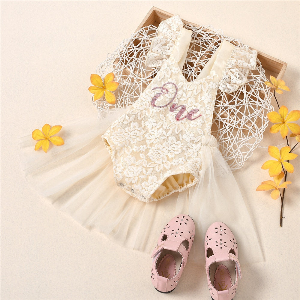Floral Lace Embroidered Girls Bodysuit Dress for Baby's First Birthday