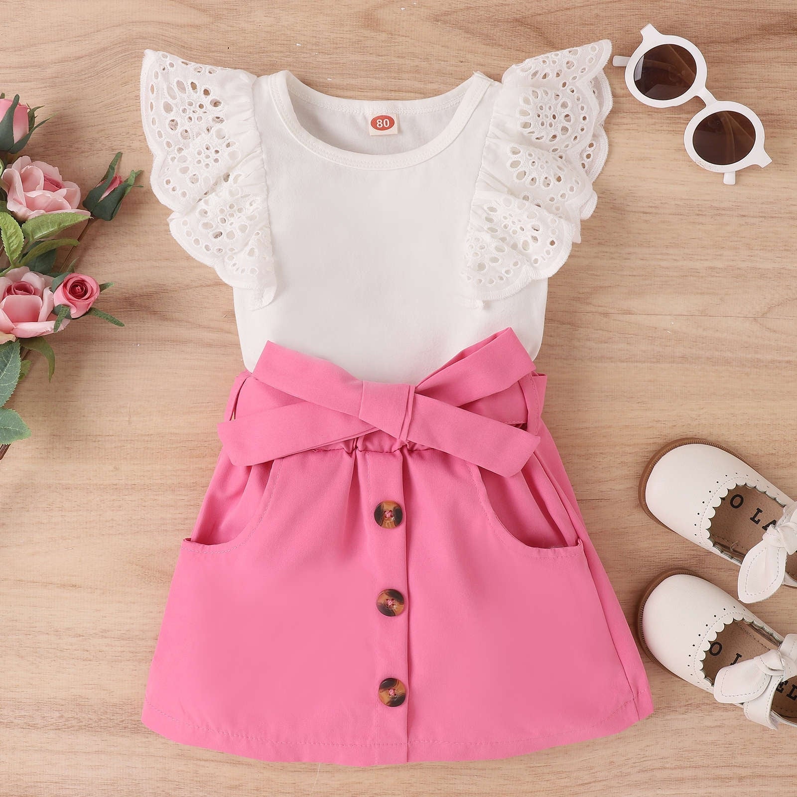Trendy and Comfy Toddler Girls Summer Clothes Set - Fly Sleeve Solid Color Ribbed Tops and Bow Button Skirt 2PCS Suit Children Clothing Sets