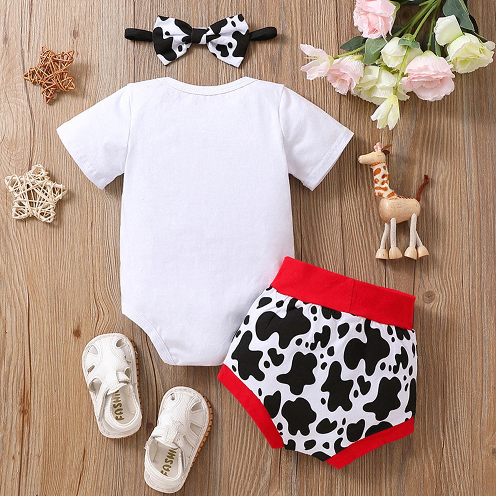 Adorable Infant Boys and Girls Short Sleeve Clothes Sets with Cartoon Dairy Cow Print