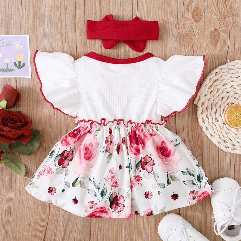 Summer Baby Girl Floral Patchwork Dress with Headband 2PCS Outfit