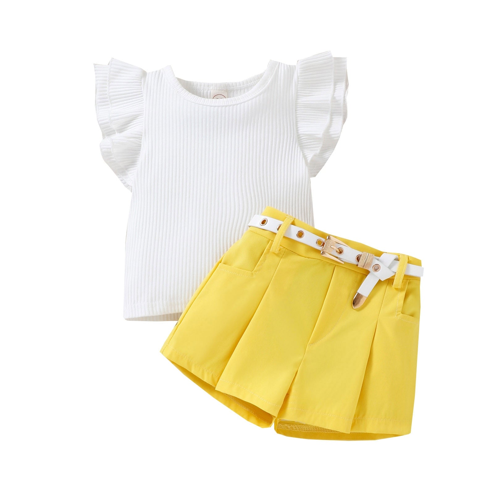 Toddler Infant Baby Girls Clothing 2pcs Clothes Sets Ruffles Fly Sleeve Ribbed Solid T Shirts + Shorts With Belt Outfits