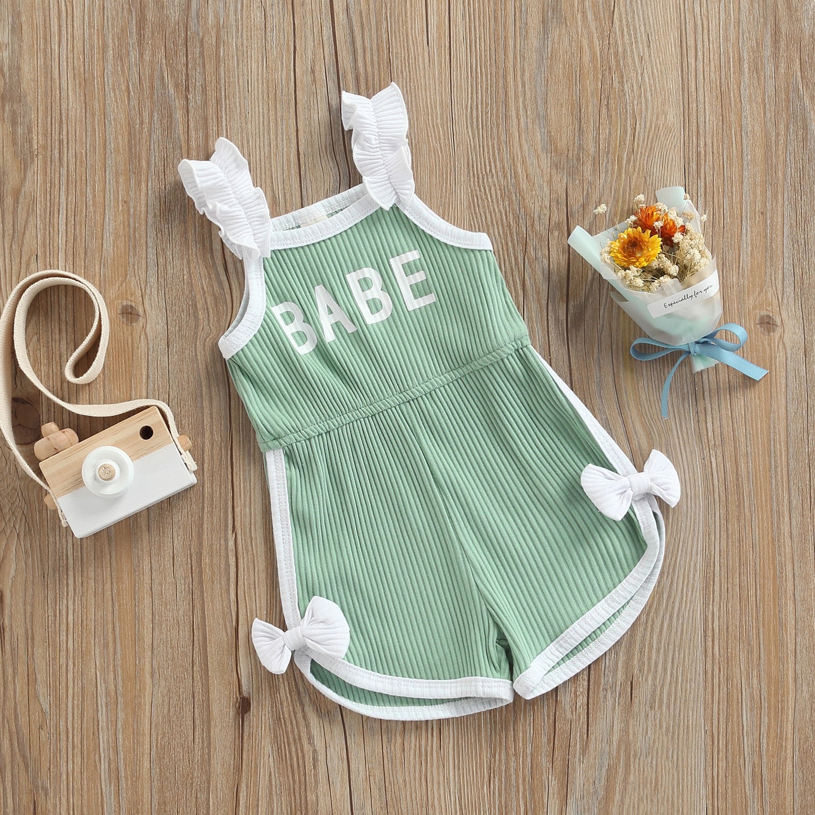 BABE Letter Ruffles Strap Sleeveless High Waist Rompers for Infant Girls