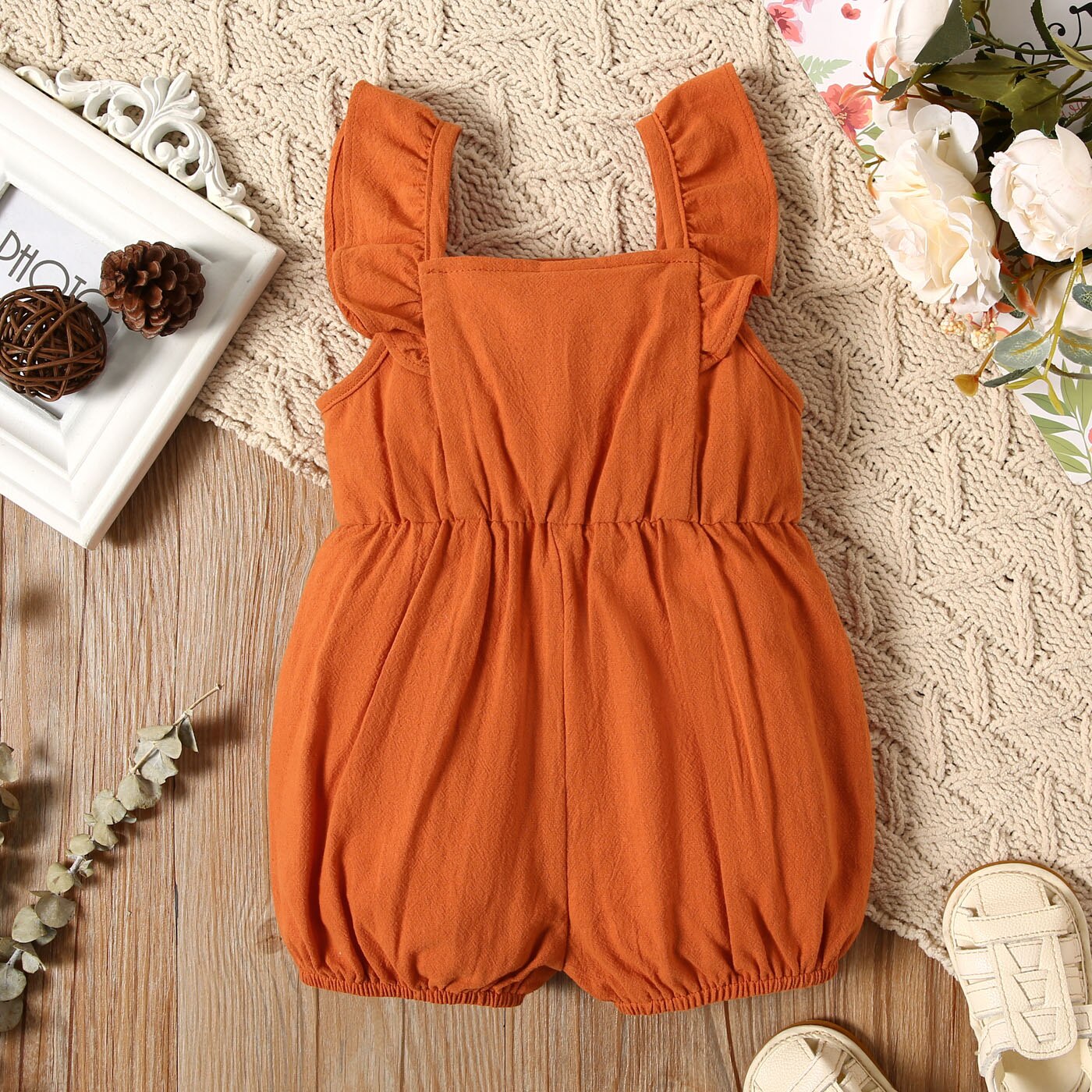 Baby Girl 100 Cotton Sleeveless Romper with Ruffle Trim - Babbez