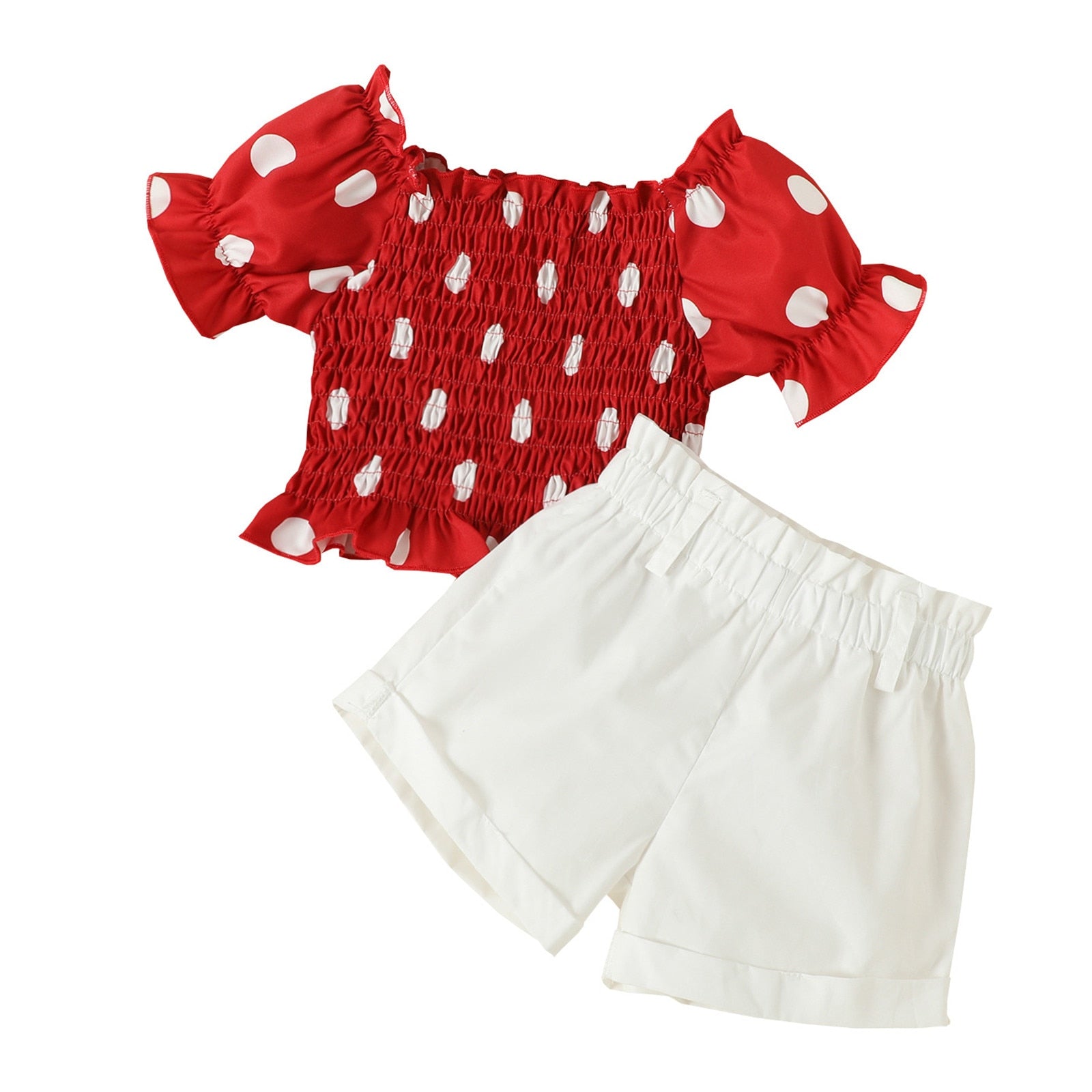 Cute Toddler Girls Summer Clothes Sets with Dot Print Crop Top and Solid Shorts