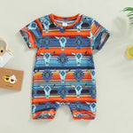 Baby Unisex Western Aztec Romper Short Sleeve Cattle Skull Print One-piece Jumpsuit - Babbez