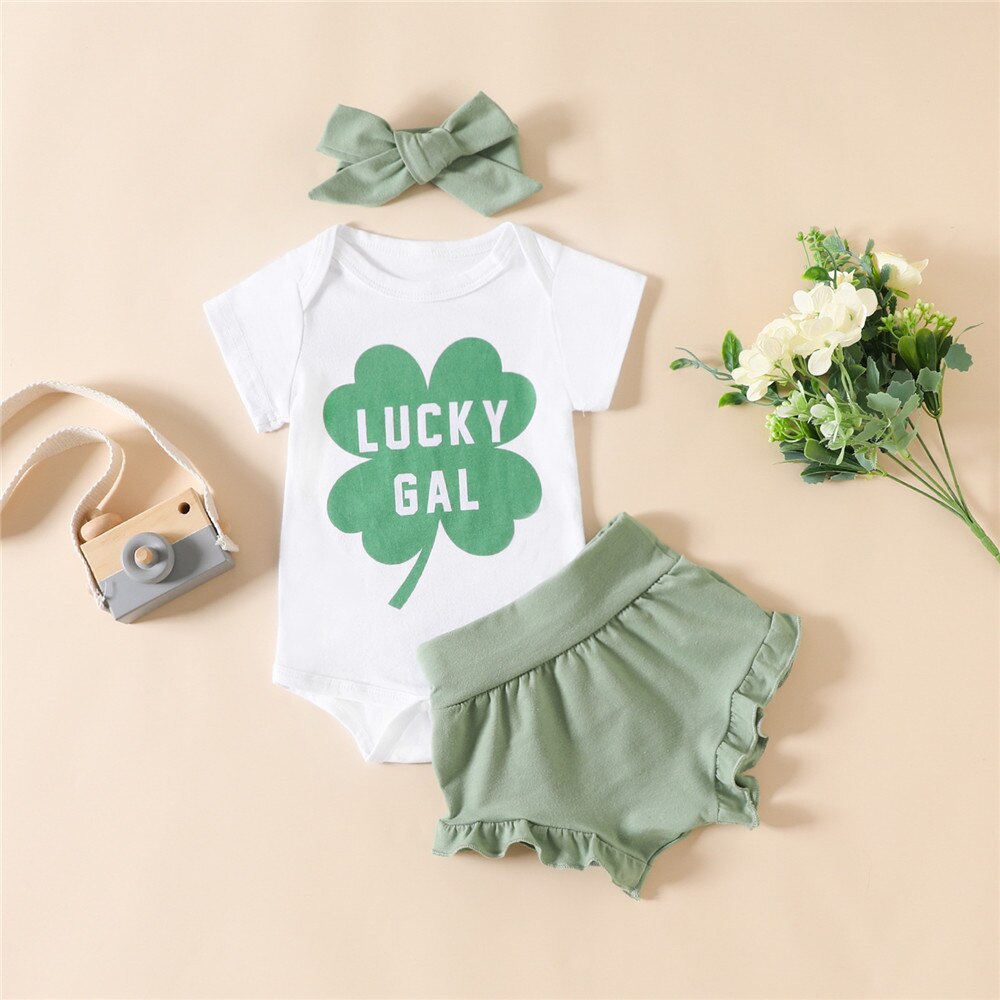 St. Patrick's Day Baby Costume: 3pcs Infant Girls Clothes Set with Clover Print