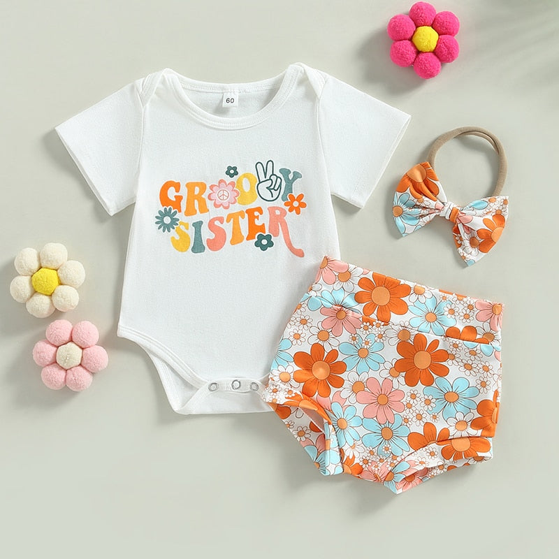 Fashion Toddler Newborn Baby Girls 2Pcs Summer Outfits Green Short Sleeve Letter T-shirts Tops+Ruffle Floral Shorts+Headband