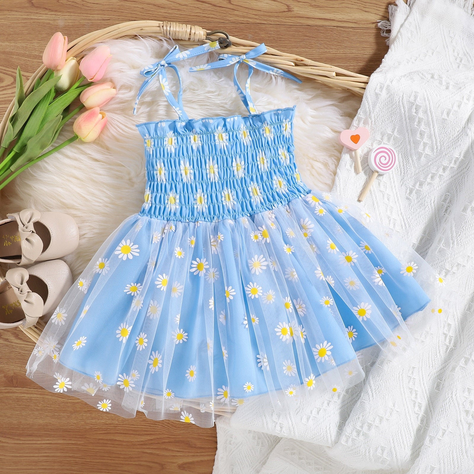 Summer Floral Print Toddler Girls Dress - Sleeveless Beach Tutu Dress Layered Tulle Dress