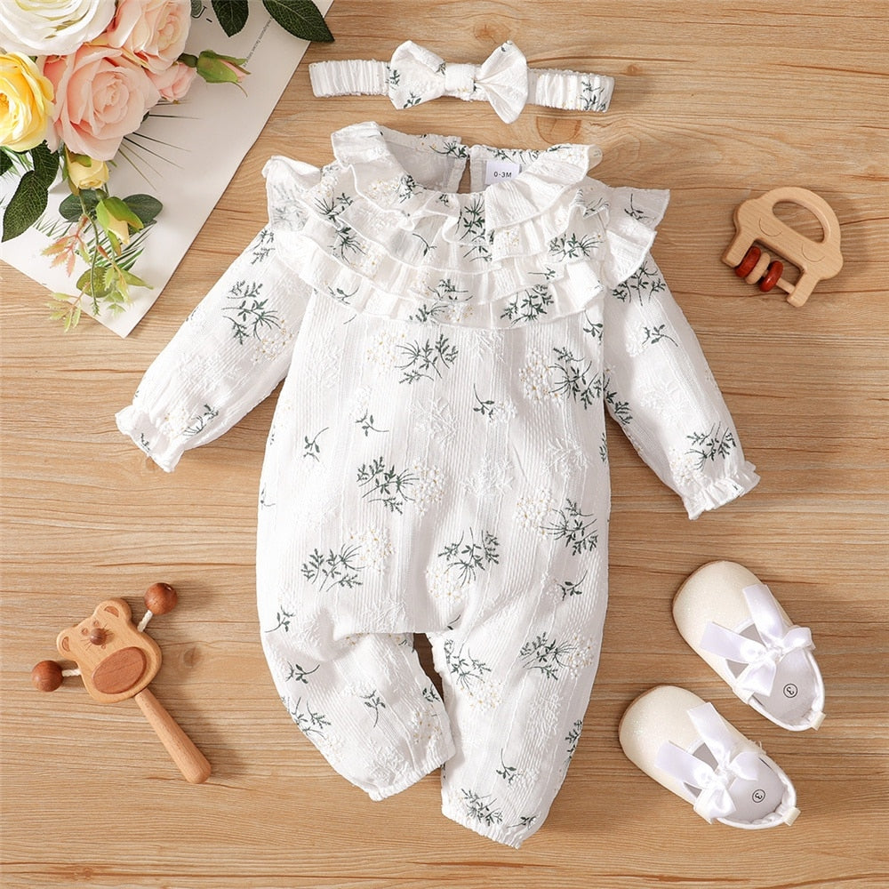 Baby Girl Romper with Flowers and Lotus Leaf Design