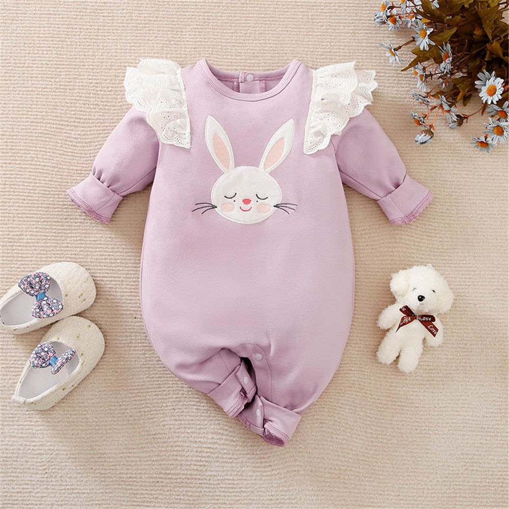 Sweet Pink Rabbit Girl Rompers Overalls for Newborns and Toddlers