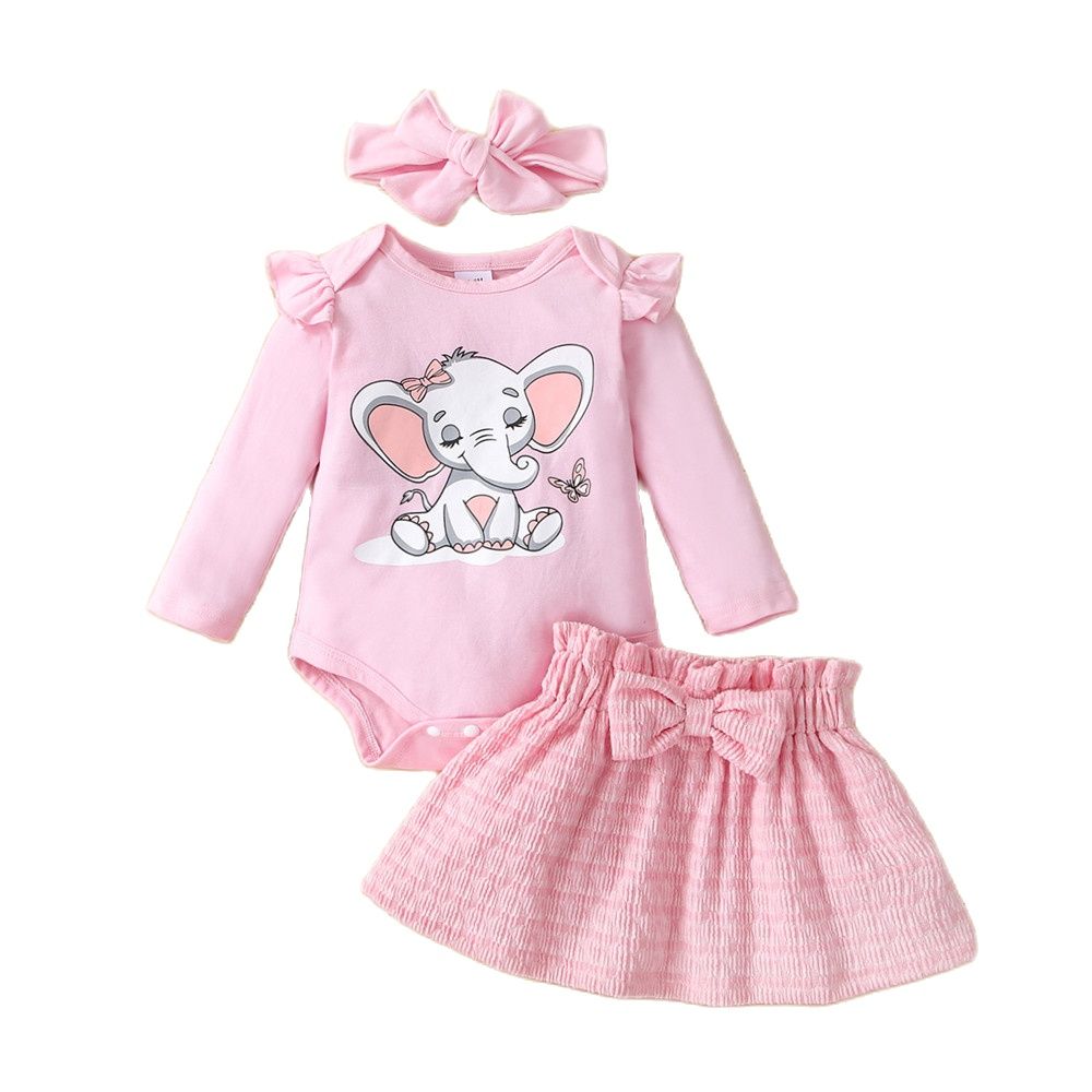 Cute Spring Girls Baby Clothes Set with Elephant Bodysuit and Striped Dress