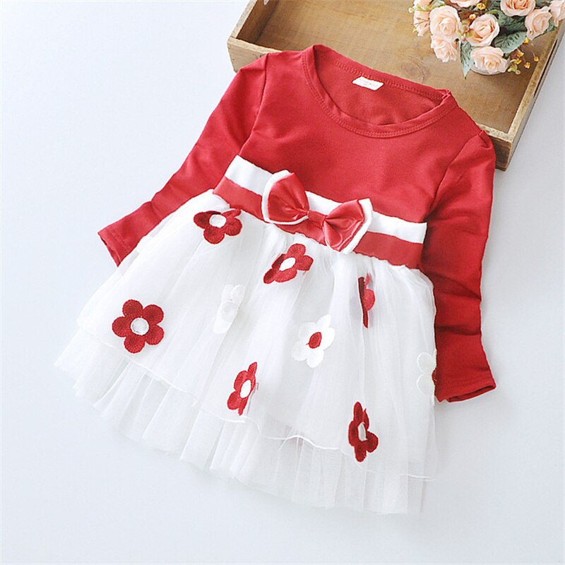 Spring Flower Dresses for Baby Girls with Long Sleeve and Bow Knot