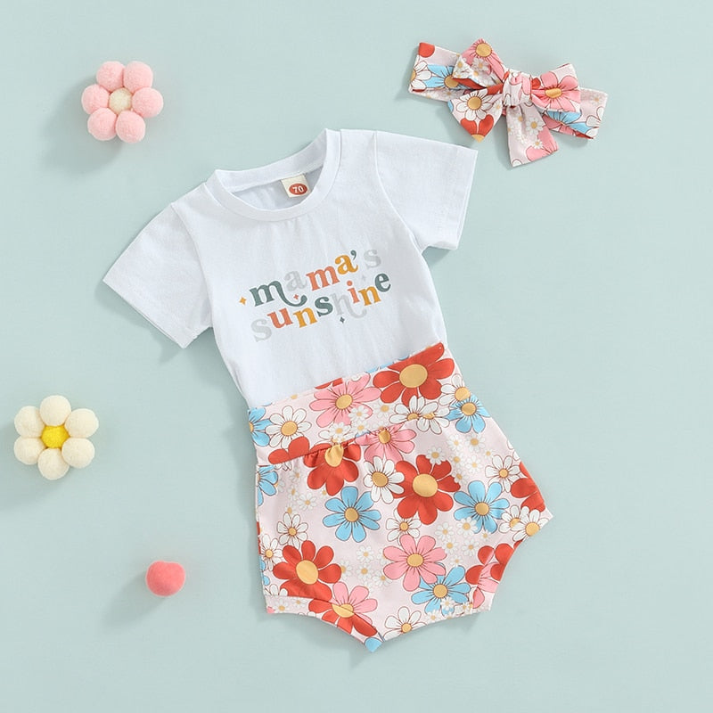 Summer Infant Baby Girl 3-Piece Outfit Set with Letter Print T-Shirt, Floral Shorts, and Headband