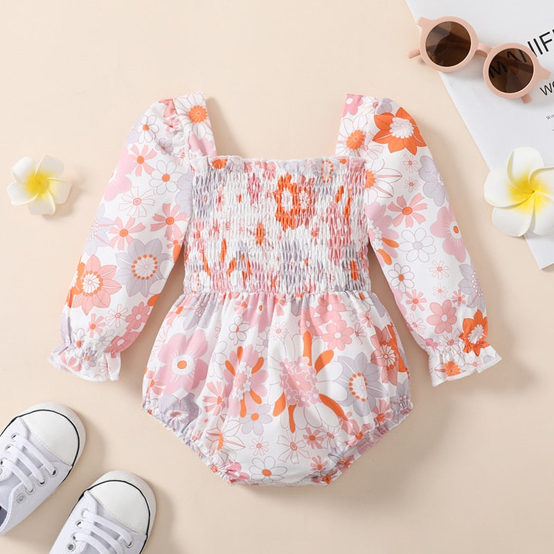 Lovely Autumn Newborn Baby Girls Rompers with Floral Print and Square Collar