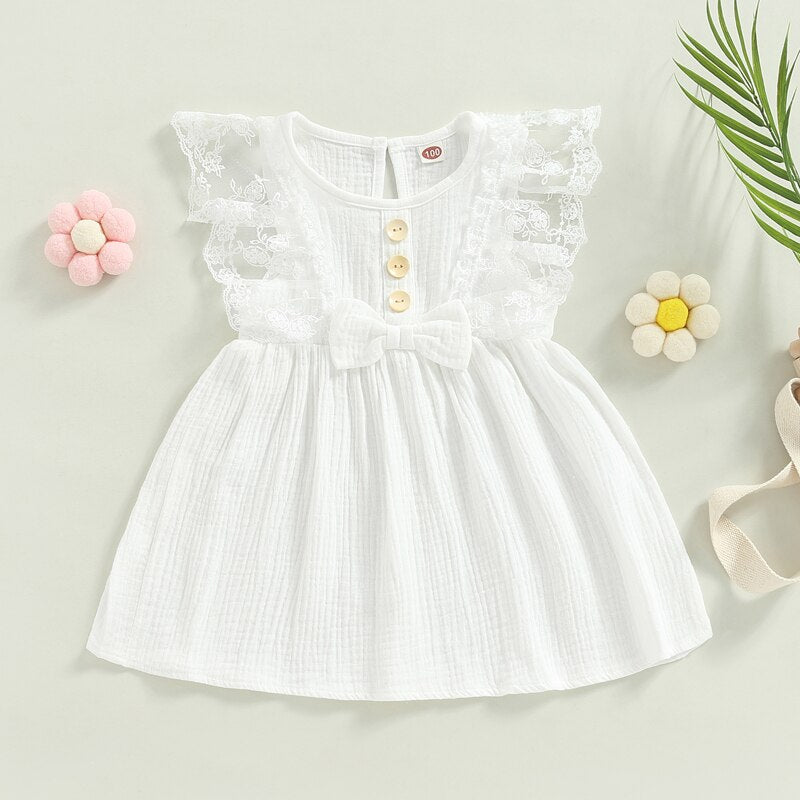 Summer Baby Girl Sweet Dress with Lace Flowers and Bowknot