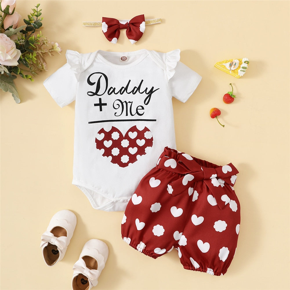 Sweet Baby Clothes Set for Summer : Letter Printed Bodysuit + Heart Printed Shorts