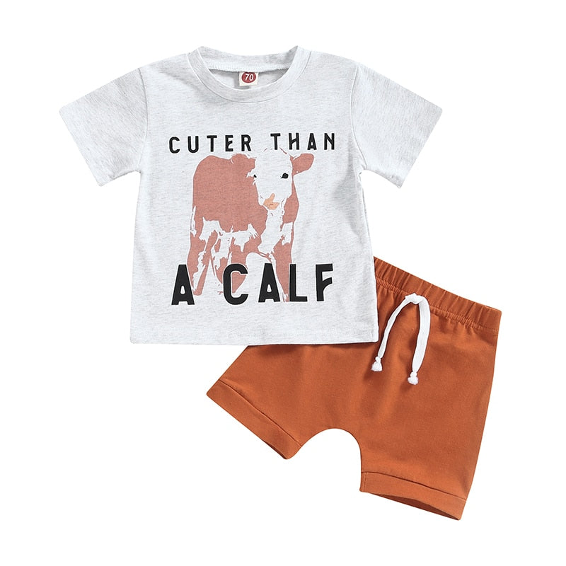 Fashionable Summer Clothes for Newborn Baby Boys - Cattle Letter Print T-Shirt and Drawstring Shorts