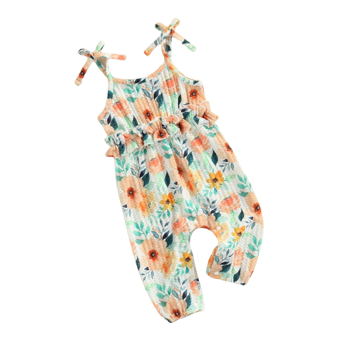 Summer Infant Baby Girls Floral Printed Romper with Ruffled Spaghetti Straps