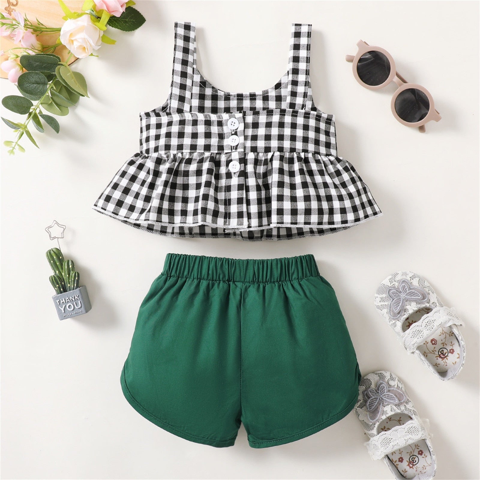 Cute Green Plaid Baby Girl Clothes Set for Summer