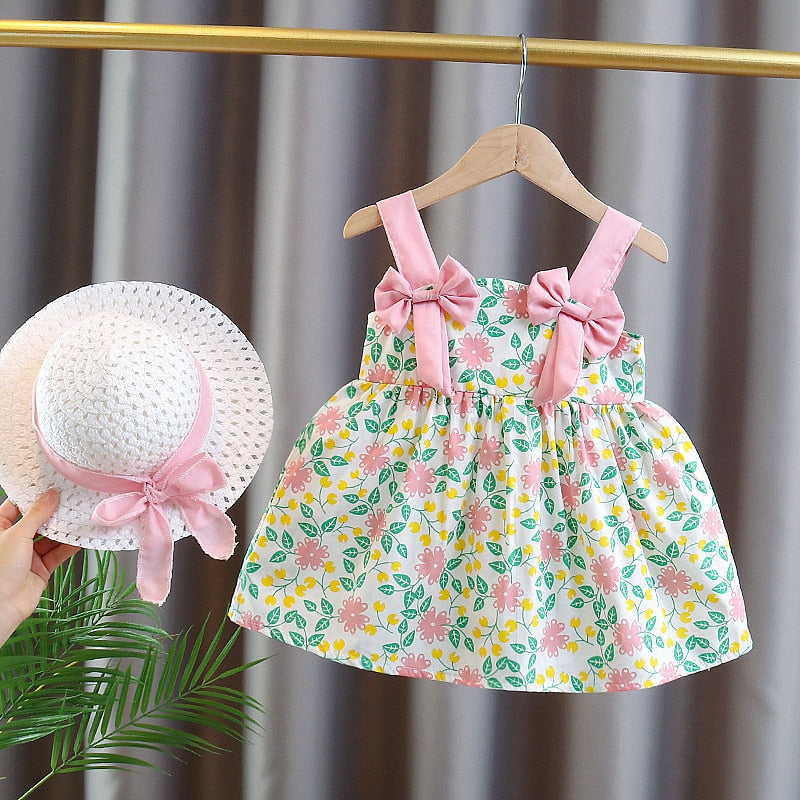 Summer Flower Bow Suspender Dress for Baby Girls