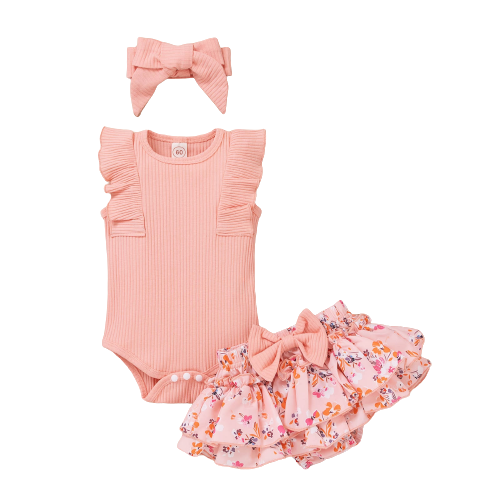 Newborn Girls 3-Piece Summer Outfit - Sleeveless Ribbed Romper, Floral Print Shorts, and Headband Set