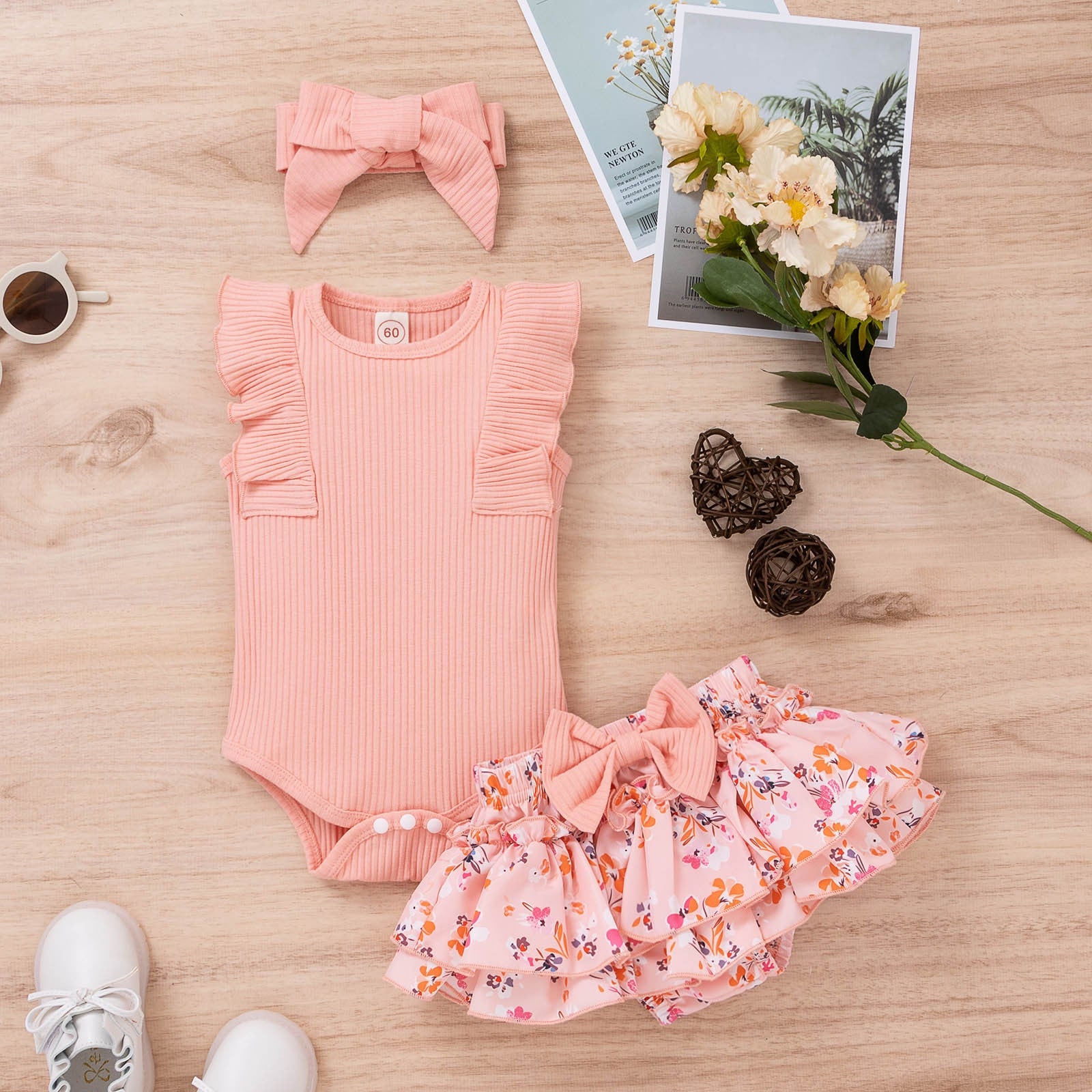 Newborn Girls 3-Piece Summer Outfit - Sleeveless Ribbed Romper, Floral Print Shorts, and Headband Set