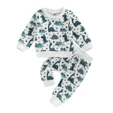 Spring Kid Clothes Boy Clothes Set Letter Cow Head Print Long Sleeve Sweatshirt + Solid Color Trousers Baby Clothing - Babbez