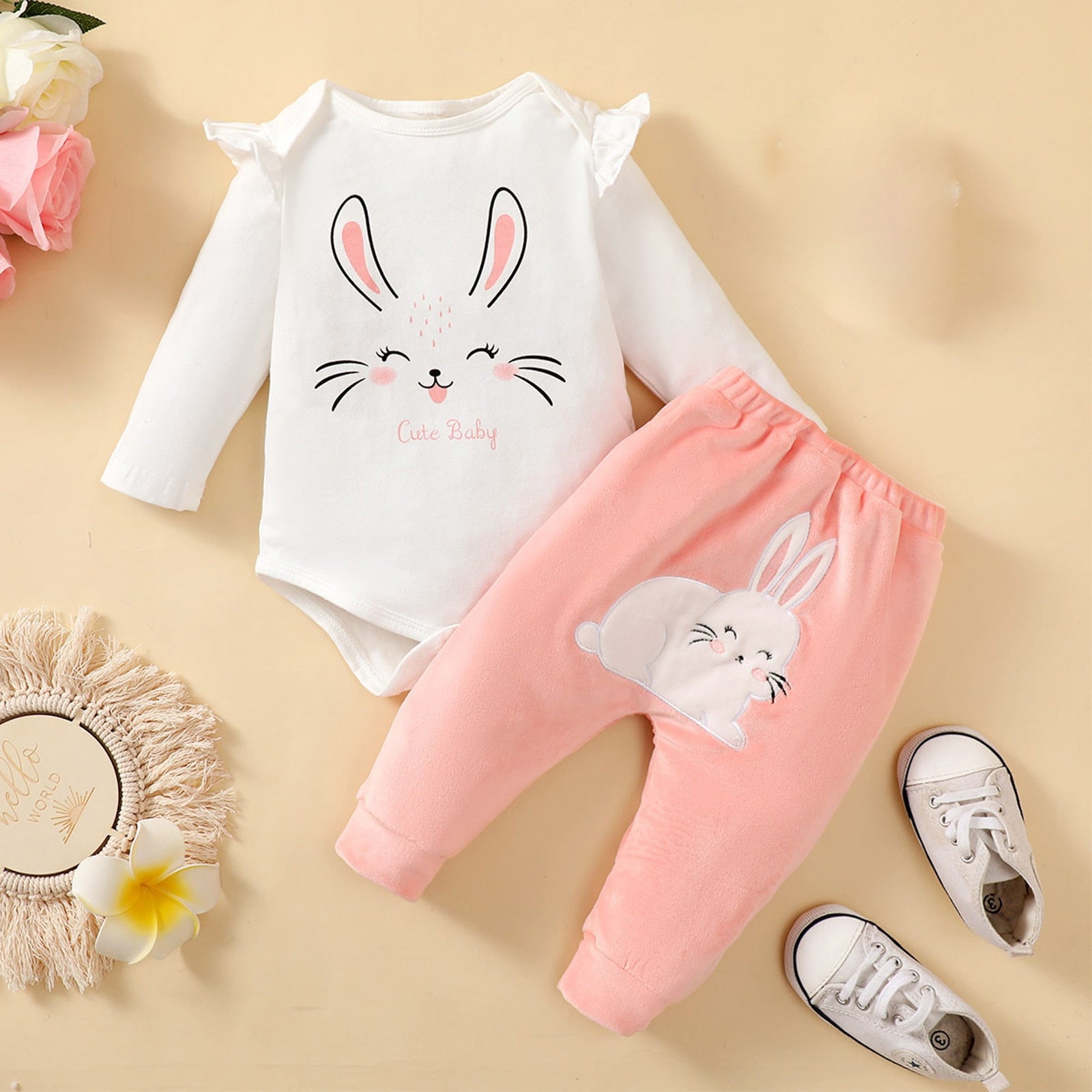 Adorable Baby Girls Rabbit Clothes for Easter - Smile Bunny Romper Tops + Pink Embroidery Pants Set