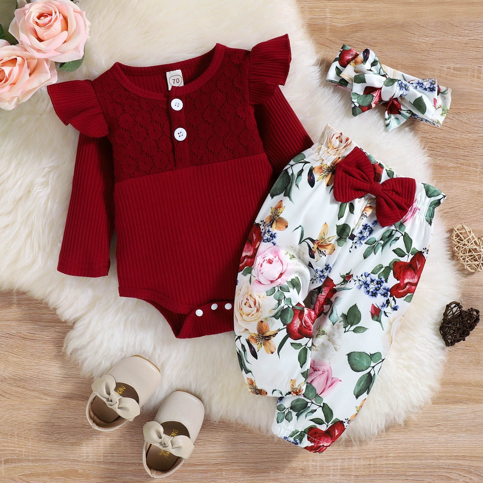 Adorable Baby Girl Clothes Set for Autumn/Winter - Long Sleeve Romper and Pants with Bow Detail