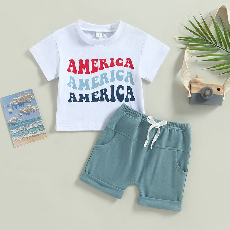 4th of July Ready: Trendy Summer Clothes Sets for Toddler Boys with Letter Print and Drawstring Shorts
